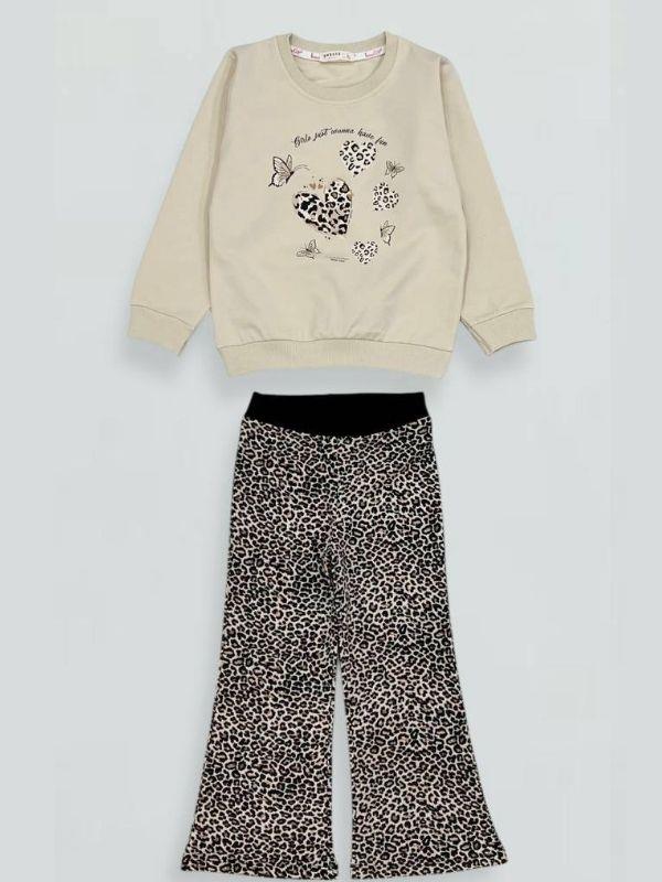 Kız Çocuk Leopar Desenli Pamuklu Eşofman Takım
