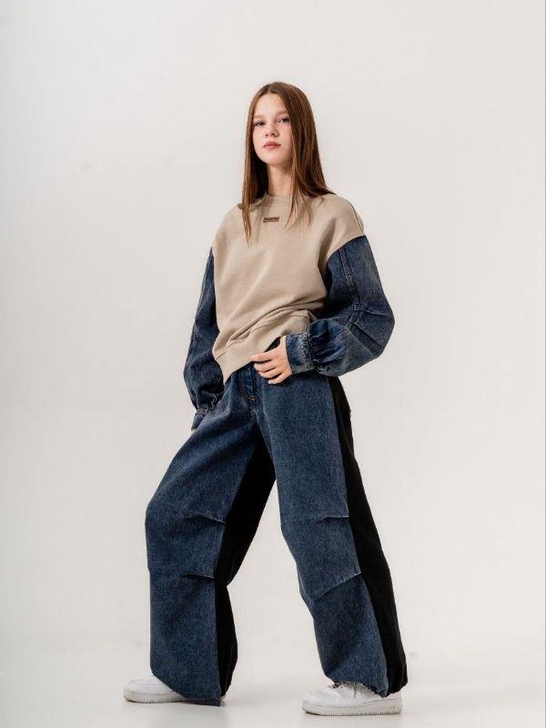 Kız Çocuk Mevsimlik Denim Kol 3 İplik Sweatshirt