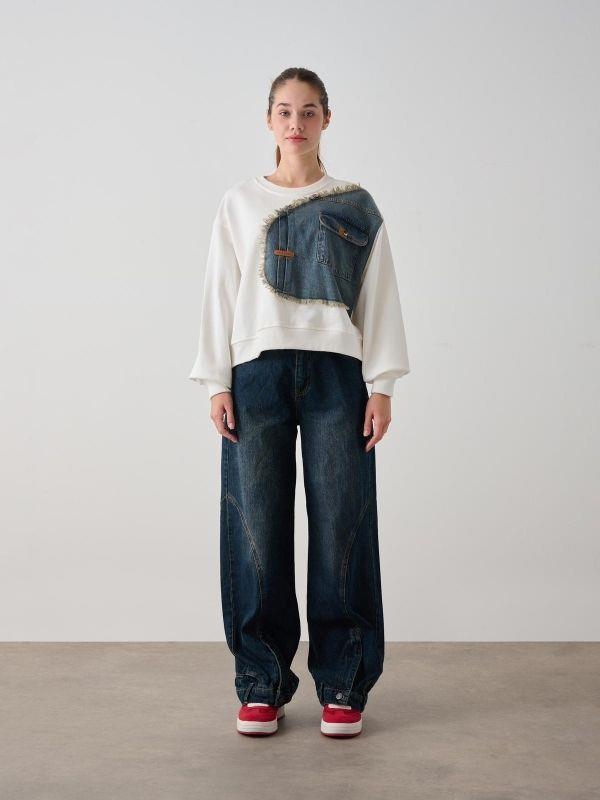 Kız Çocuk Mevsimlik Önü Denim Garni Cepli 3 İplik Sweatshirt