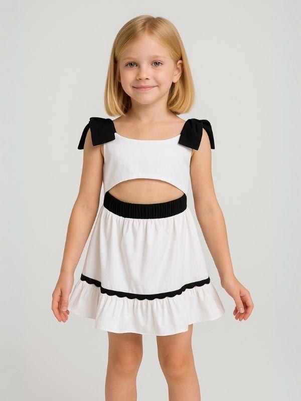 Kız Çocuk Omuzları Fiyonk Detaylı Bel Dekolte Detaylı Elbise