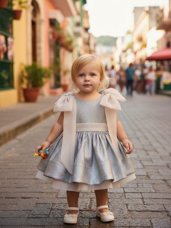 Kız Çocuk Omuzları Fiyonk Detaylı Simli Katkat Tasarım Abiye Elbise