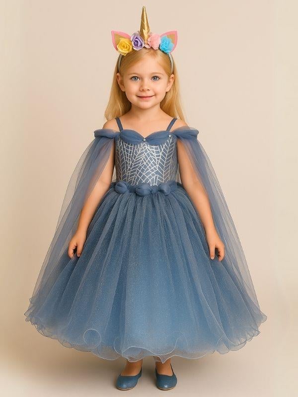 Kız Çocuk Omuzları Tül Detaylı Tarlatanlı Prenses Kostümü