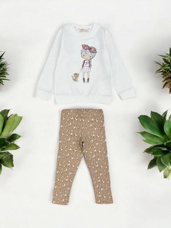 Kız Çocuk Önü Baskılı Sweatsirt Çiçekli Taytlı Takım