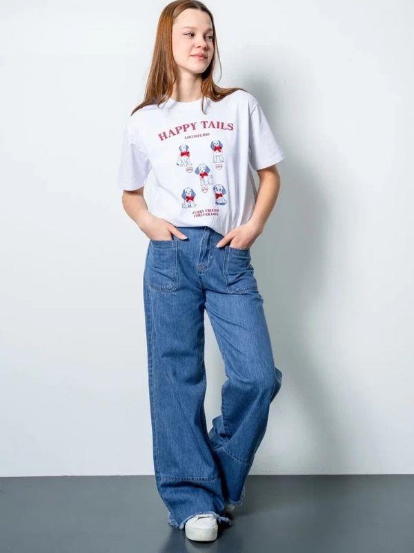 Kız Çocuk Oversize Köpek Baskılı Tasarım T-shirt