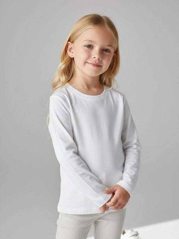 Kız Çocuk Pamuklu Bisiklet Yaka Uzun Kollu İnce Basic T-shirt