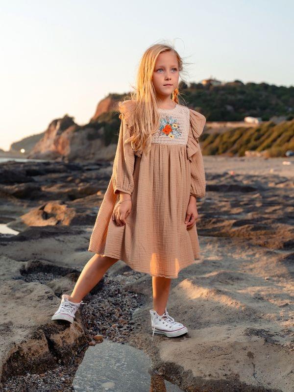 Kız Çocuk Pamuklu Çiçek Dantelli Turvakar Kol Elbise