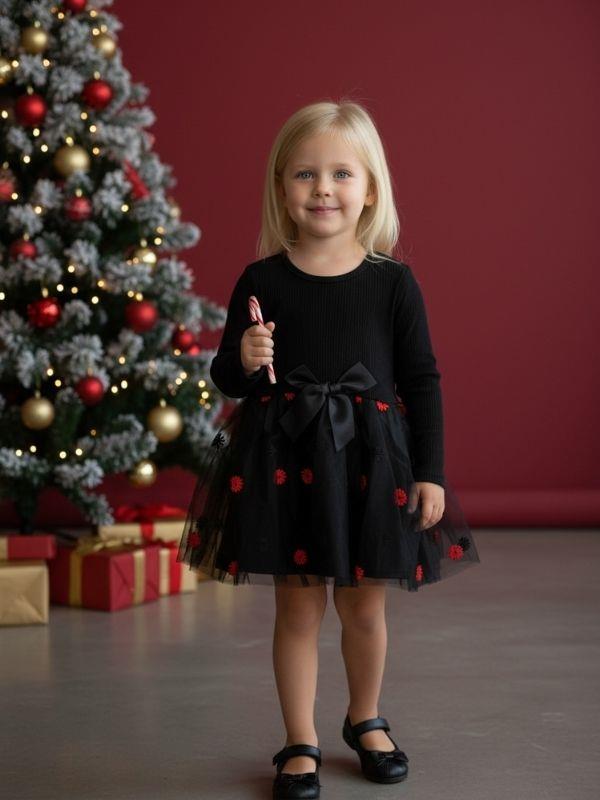 Kız Çocuk Pamuklu Çiçek İşlemeli Tütülü Uzun Kollu Elbise