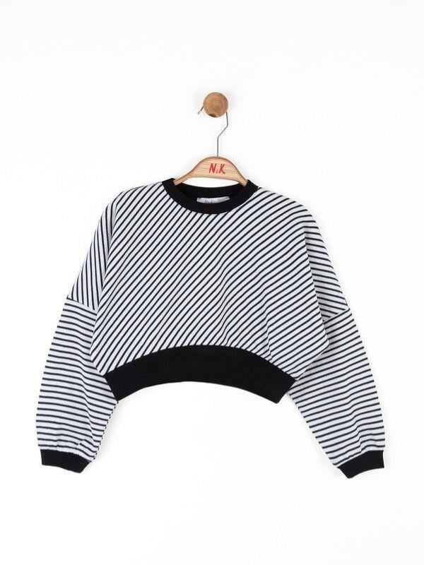 Kız Çocuk Pamuklu Çizgili Crop Sweatshirt