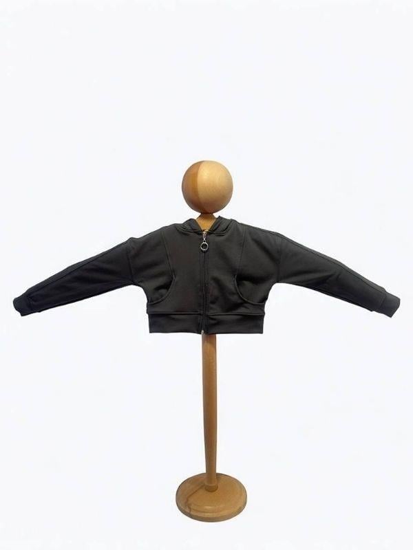 Kız Çocuk Pamuklu Crop Fermuarlı Kapuşonlu Hırka