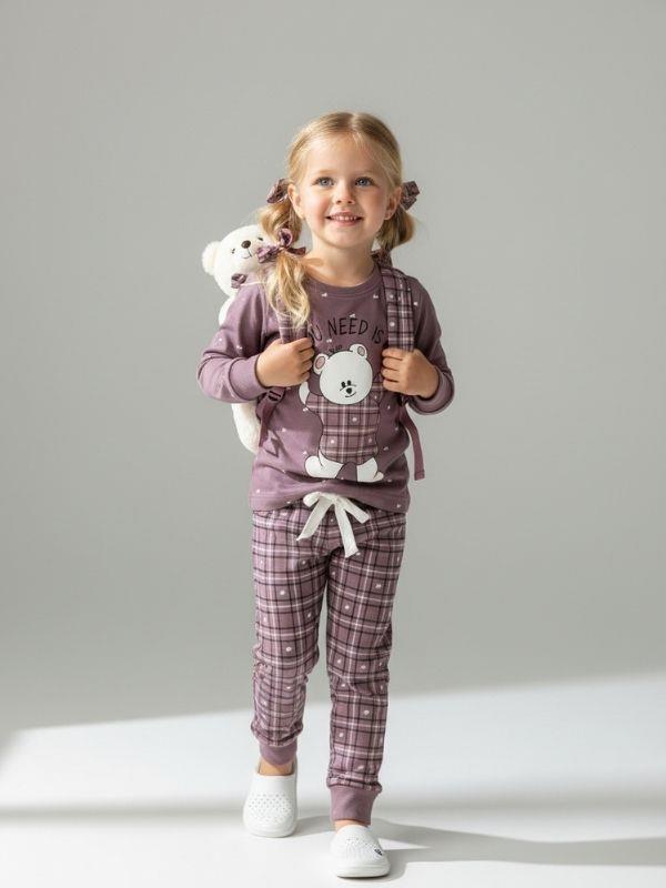 Kız Çocuk Pamuklu Ekose Desenli Ayıcıklı Pijama Takımı