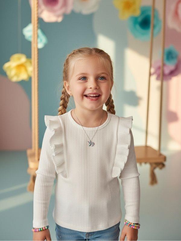 Kız Çocuk Pamuklu Fırfır Detaylı Basic Fitilli Bluz