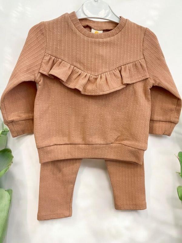 Kız Çocuk Pamuklu Fırfır Detaylı Taytlı Takım