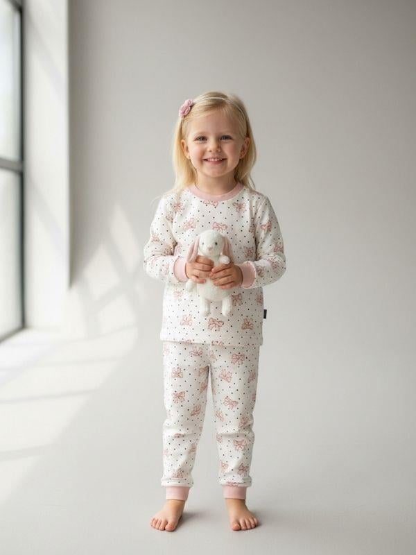 Kız Çocuk Pamuklu Fiyonk Baskılı Pijama Takımı