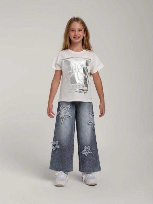 Kız Çocuk Pamuklu Gümüş Varak Desenli Tasarım T-shirt