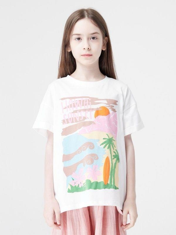 Kız Çocuk Pamuklu Hawai Baskılı Yuvarlak Yaka Yarım Kol Tshirt