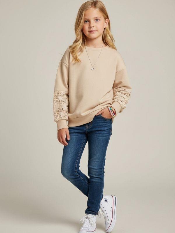 Kız Çocuk Pamuklu İki İplik Kolları Güpür Yuvarlak Yaka Sweatshirt