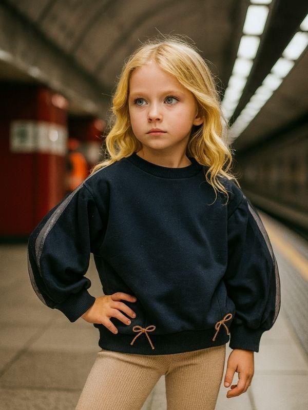 Kız Çocuk Pamuklu Kolları Tül Detaylı Fiyonklu Sweatshirt