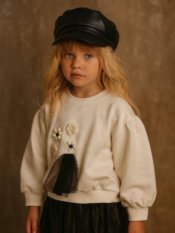 Kız Çocuk Pamuklu Örme Nakışlı Tüllü Sweatshirt