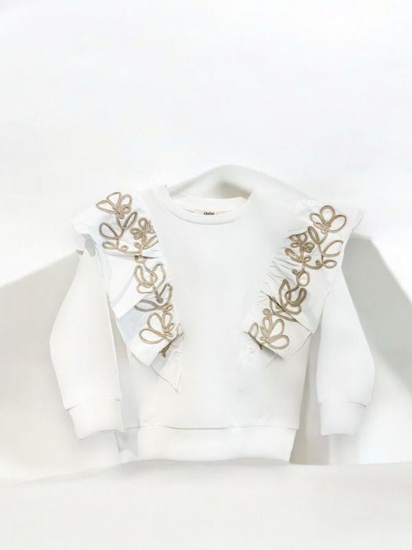 Kız Çocuk Pamuklu Orta Kalınlık Omuzları Fırfırlı Ve Nakışlı Sweatshirt