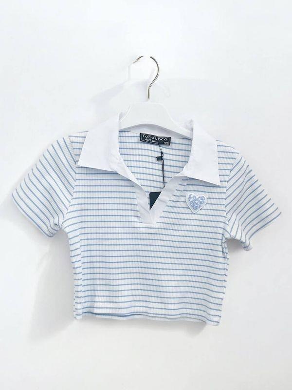 Kız Çocuk Pamuklu Polo Yaka Çizgili Crop Bluz