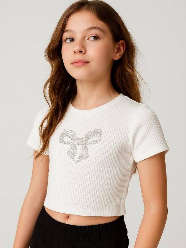 Kız Çocuk Pamuklu Taşlı Fiyonk İşlemeli T-shirt
