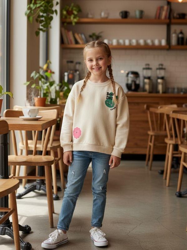 Kız Çocuk Pamuklu Tavşan Desenli İnce Uzun Kollu Sweatshirt