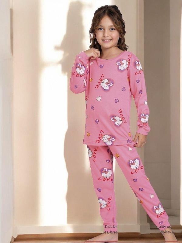 Kız Çocuk Pamuklu Tavşan Desenli Pijama Takımı
