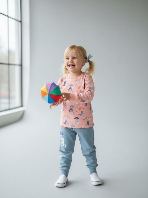 Kız Çocuk Pamuklu Uzun Kollu Kedili Pijama Takım