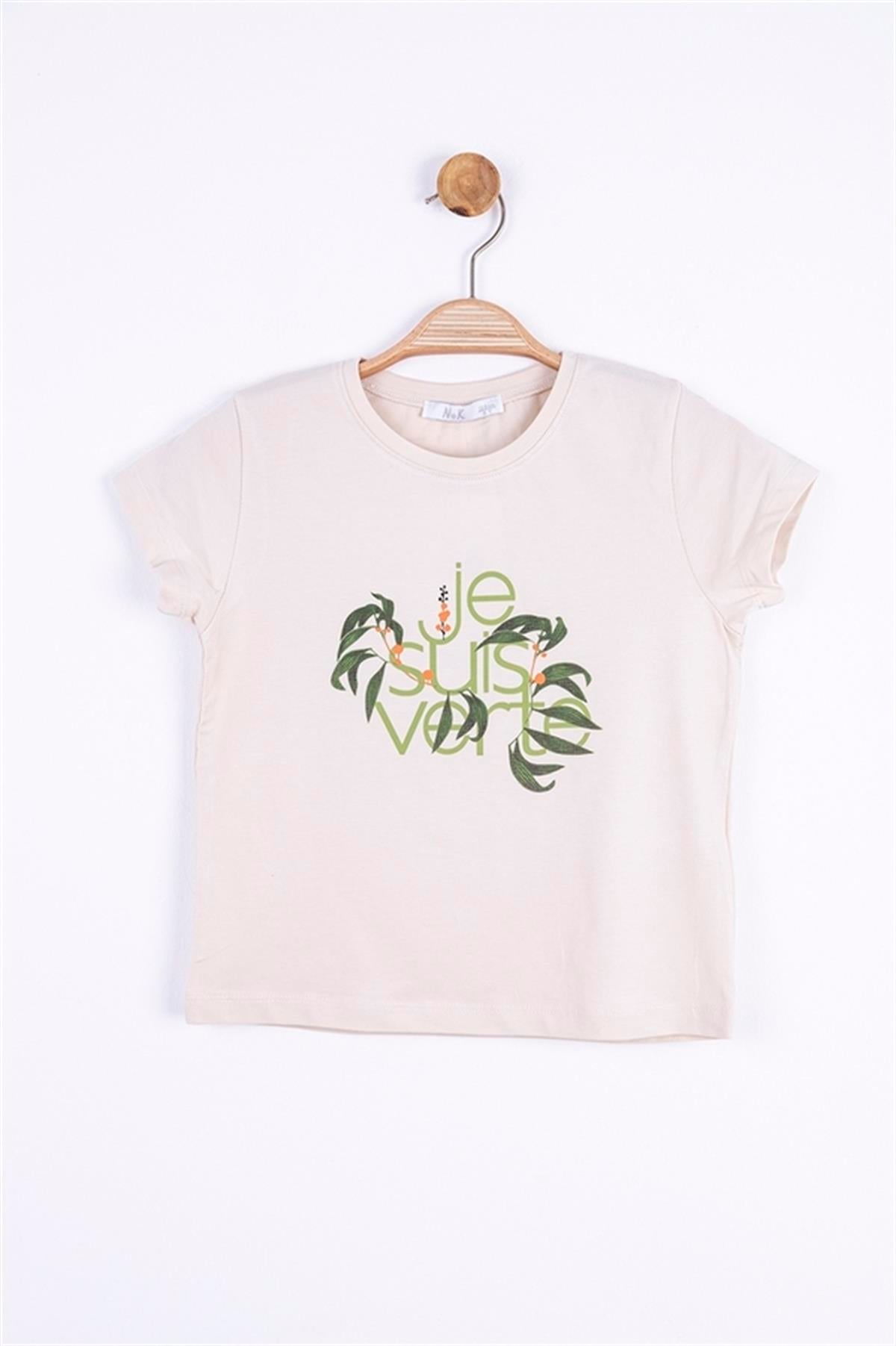 Kız Çocuk Pamuklu Yaprak Baskılı Yuvarlak Yaka Yarım Kol Tshirt