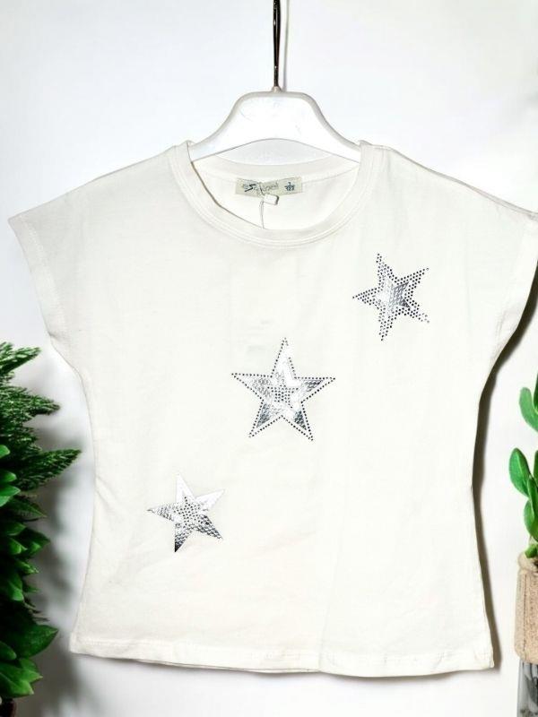 Kız Çocuk Pamuklu Yıldız Taşlı Kısa Kol T-shirt