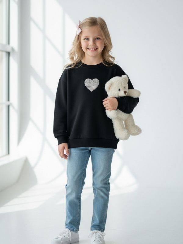 Kız Çocuk Pamuklu Yumuşak Dokulu Kalp İşlemeli Sweatshirt