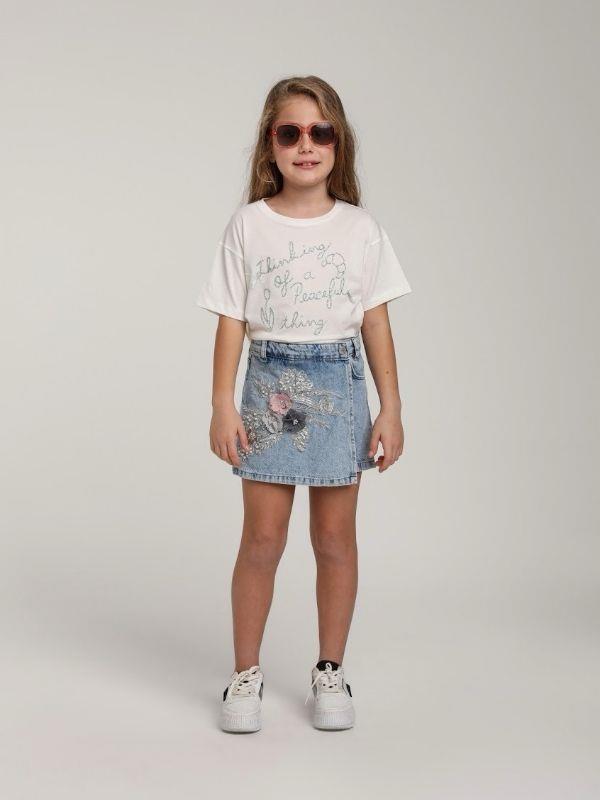 Kız Çocuk Pamuklu Yuvarlak Yaka Yarım Kol Simli T-shirt