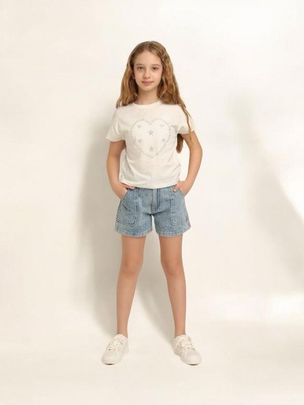 Kız Çocuk Pamuklu Yuvarlak Yaka Yarım Kol Taşlı T-shirt