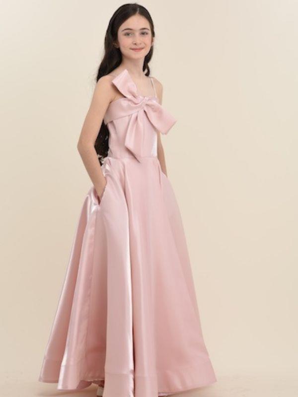 Kız Çocuk Parlak Kumaş Fiyonk Detaylı Uzun Tasarım Abiye Elbise