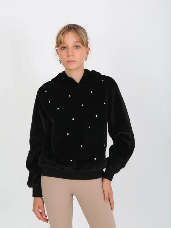 Kız Çocuk Peluş Taşlı Kapüşonlu Sweatshirt