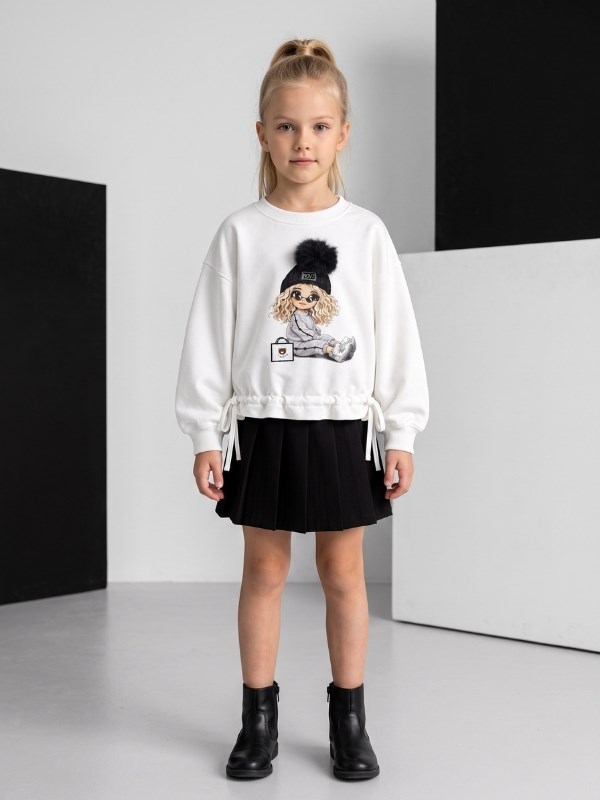 Kız Çocuk Ponponlu Kız Baskılı Büzgü Detaylı Ekru Sweatshirt