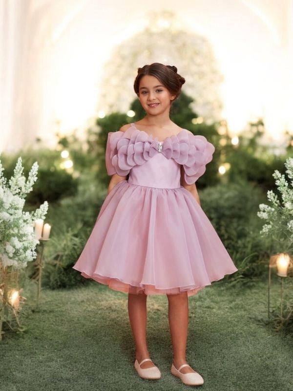 Kız Çocuk Prenses Kol Fiyonk Detaylı Kısa Tasarım Abiye Elbise