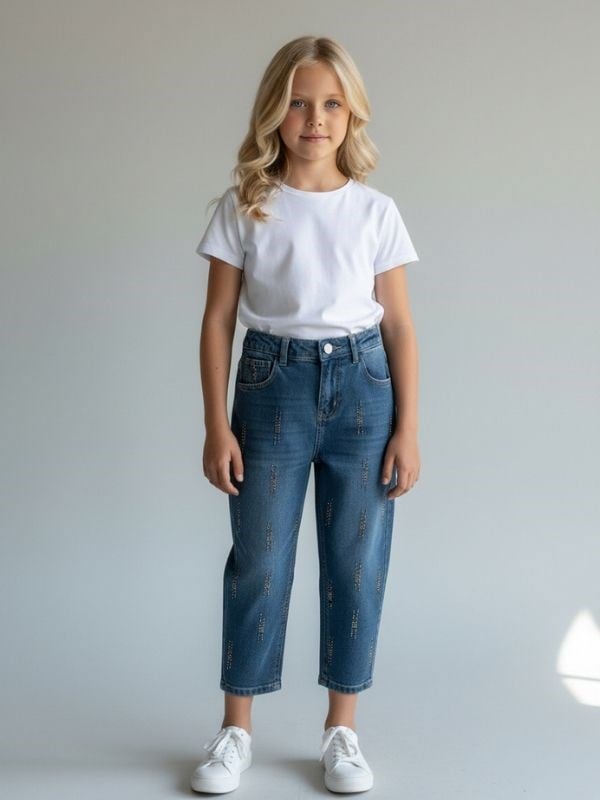Kız Çocuk Rahat Kesim Yıkamalı Denim Pantolon
