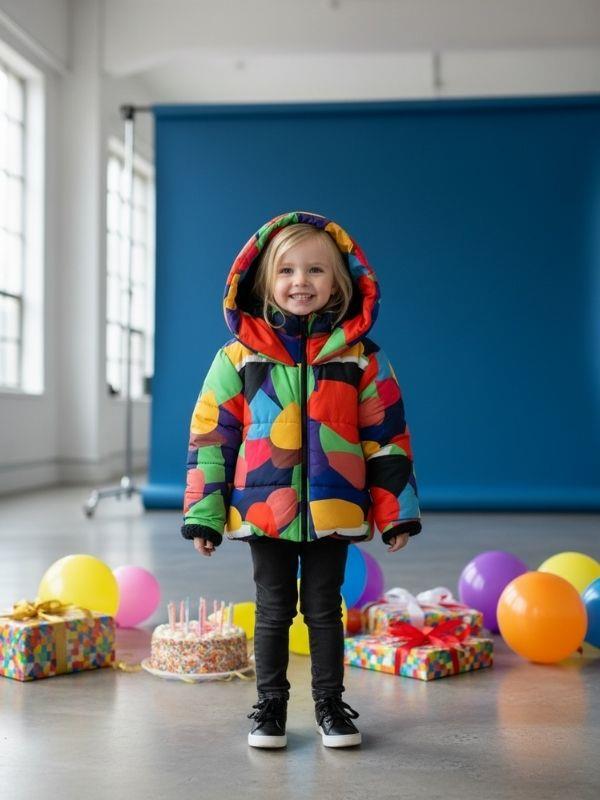 Kız Çocuk Renkli Geometrik Desenli Kapüşolu İçi Kürklü Mont