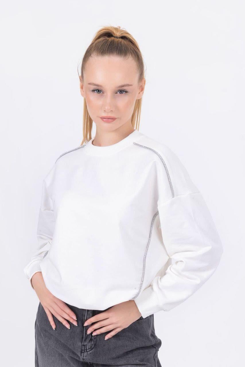 Kız Çocuk Sim Şeritli Taşlı Yarasakol Sweatshirt