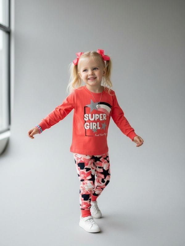 Kız Çocuk Super Girl Yazılı Simli Baskılı Uzun Kollu Pijama Takımı