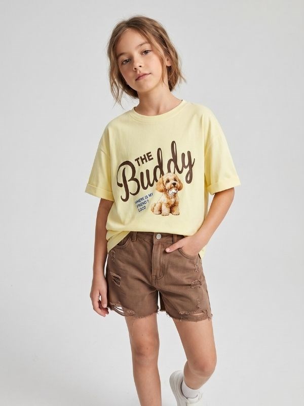 Kız Çocuk Tasarım Köpek Baskılı Oversize T-shirt
