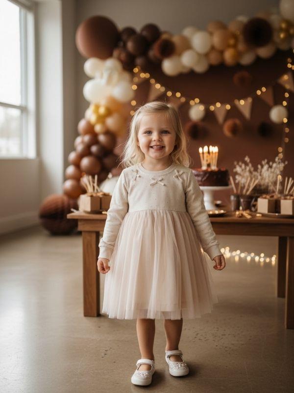 Kız Çocuk Taşlı Fiyonk Detaylı Pamuklu Tütülü Elbise