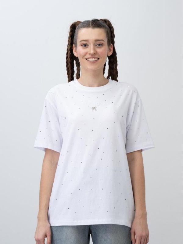 Kız Çocuk Taşlı Fiyonk Nakışlı Oversize Tshirt