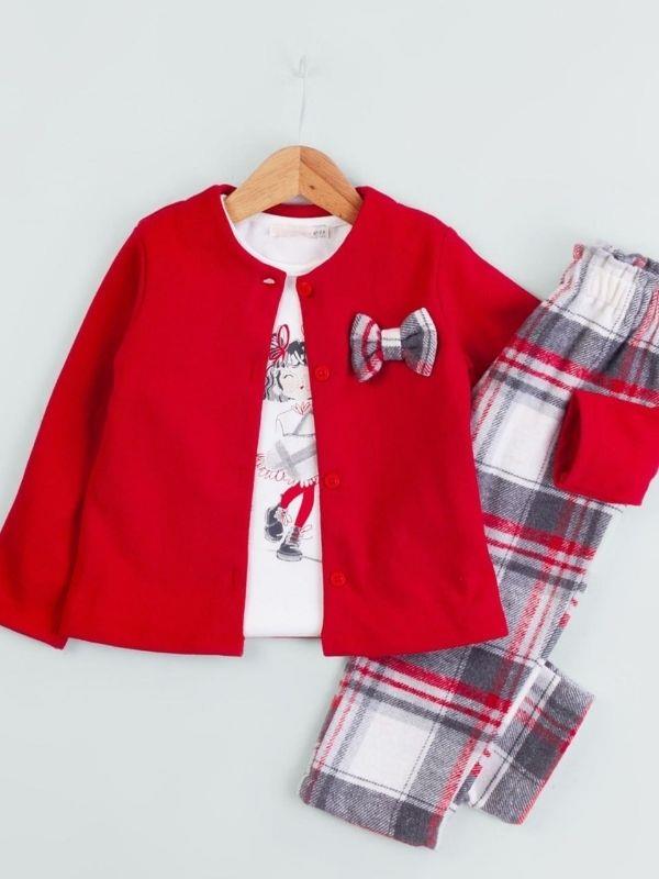 Kız Çocuk Triko Hırkalı Ekose Pantolonlu 3lü Takım