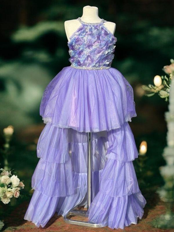 Kız Çocuk Tül Çiçekli Önü Kısa Arkası Uzun Abiye Elbise