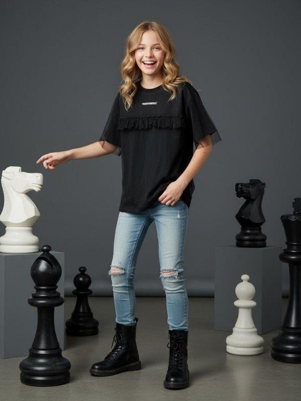 Kız Çocuk Tüllü Fırfır Detaylı Kısa Kollu Tasarım T-shirt