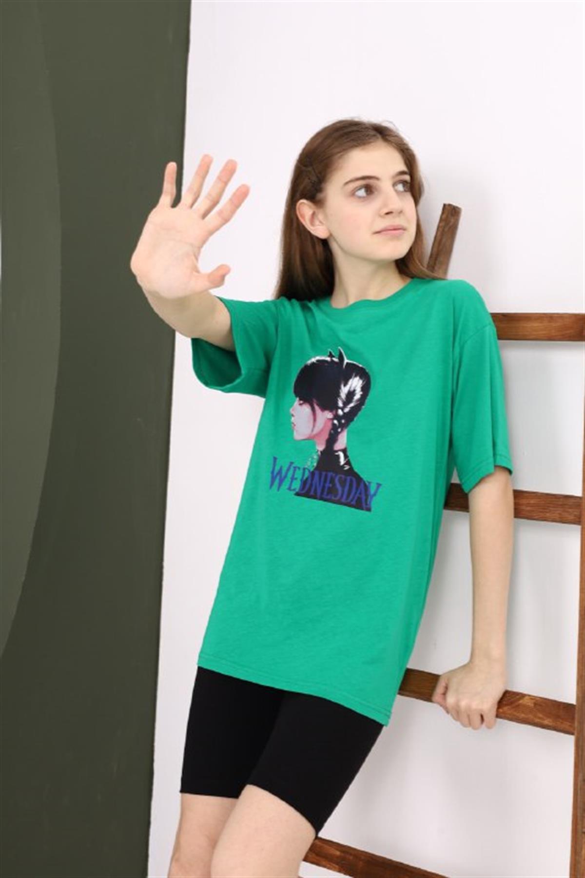 Kız Çocuk Wednesday Baskılı Yeşil Tshirt
