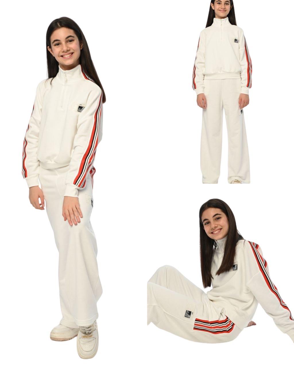 Kız Çocuk Yarım Fermuarlı Kolları Şeritli Dik Yaka Sweatshirt