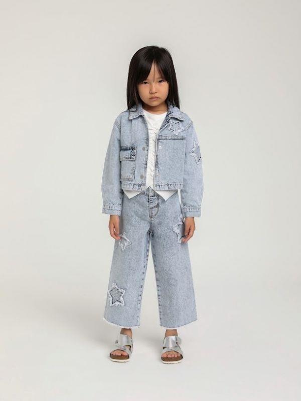 Kız Çocuk Yıldız İşlemeli Cepli Kot Ceket